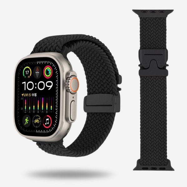 Black woven elastic strap for Apple Watch with black titanium clasp