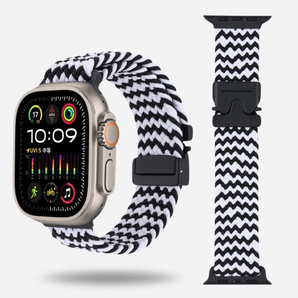 Apple Watch with black & white woven strap & black titanium clasp