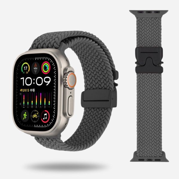 Grey woven elastic strap for Apple Watch with black titanium buckle
