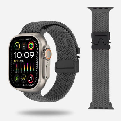 Grey woven elastic strap for Apple Watch with black titanium buckle