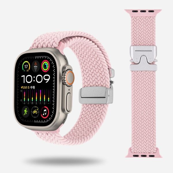 Pink woven elastic strap for Apple Watch with titanium clasp