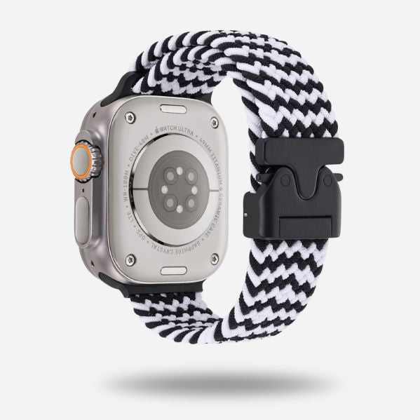 Apple Watch with white & black woven strap & black buckle