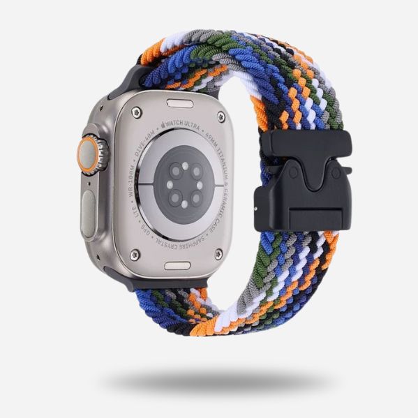 Apple Watch with blue & orange woven strap & black buckle
